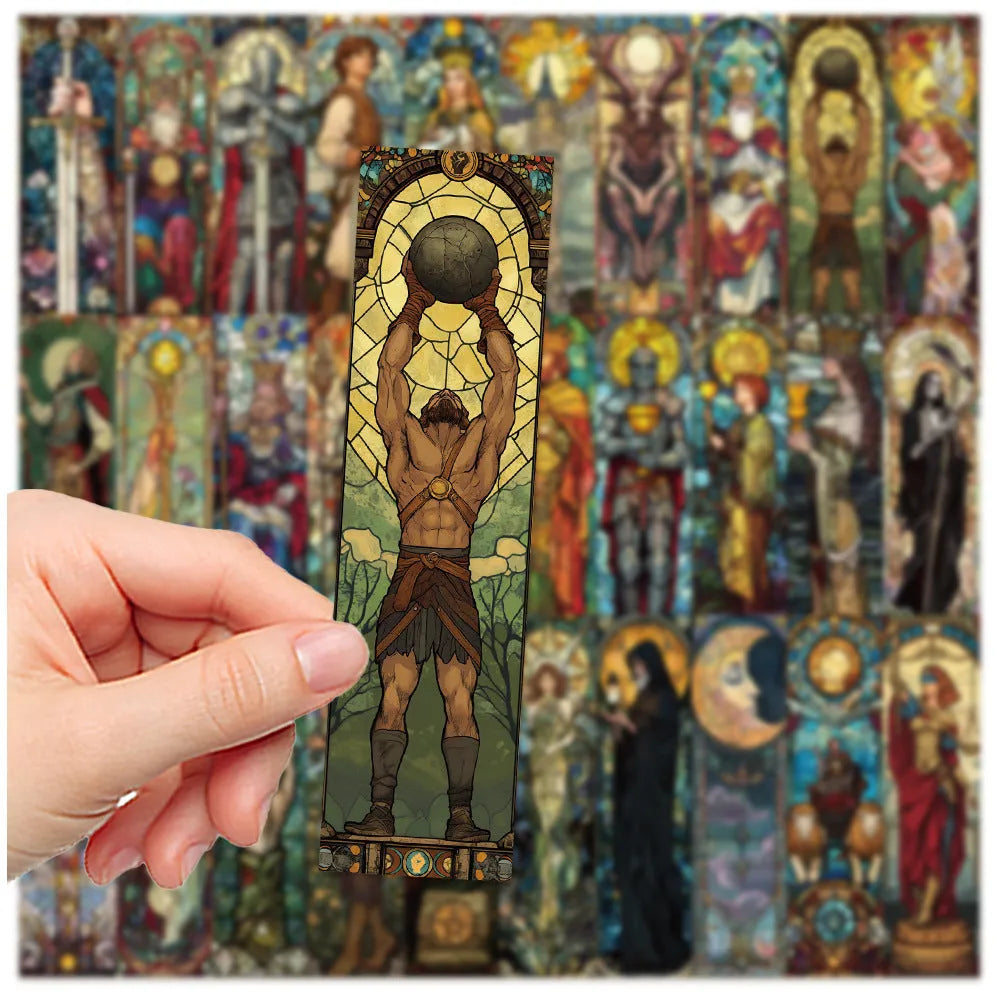 Set of 30 painted glass tarot themed cute style paper bookmarks laid out on a surface