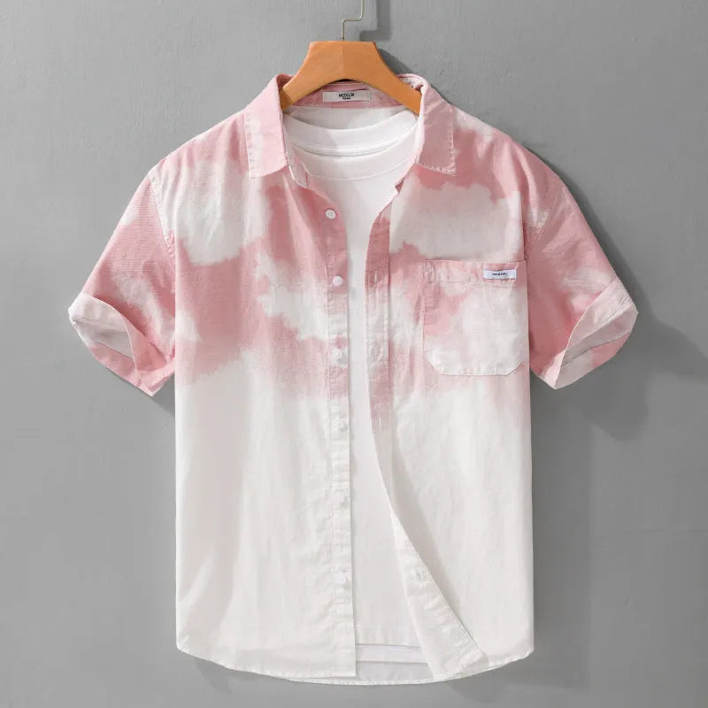 Men's light pink pure cotton summer shirt with loose cardigan style and short sleeves