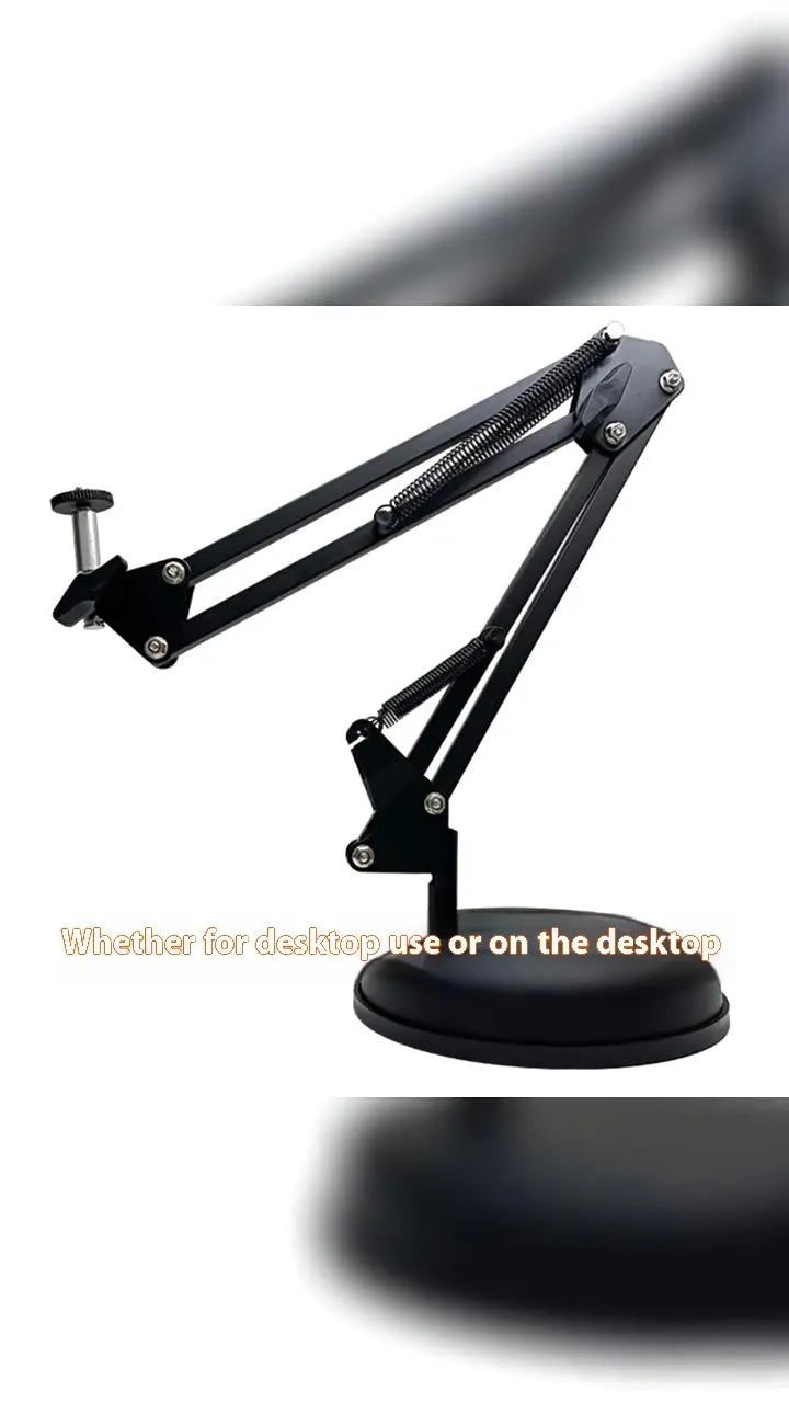 Black foldable metal cantilever bracket holding tablet on desktop with adjustable arm extended