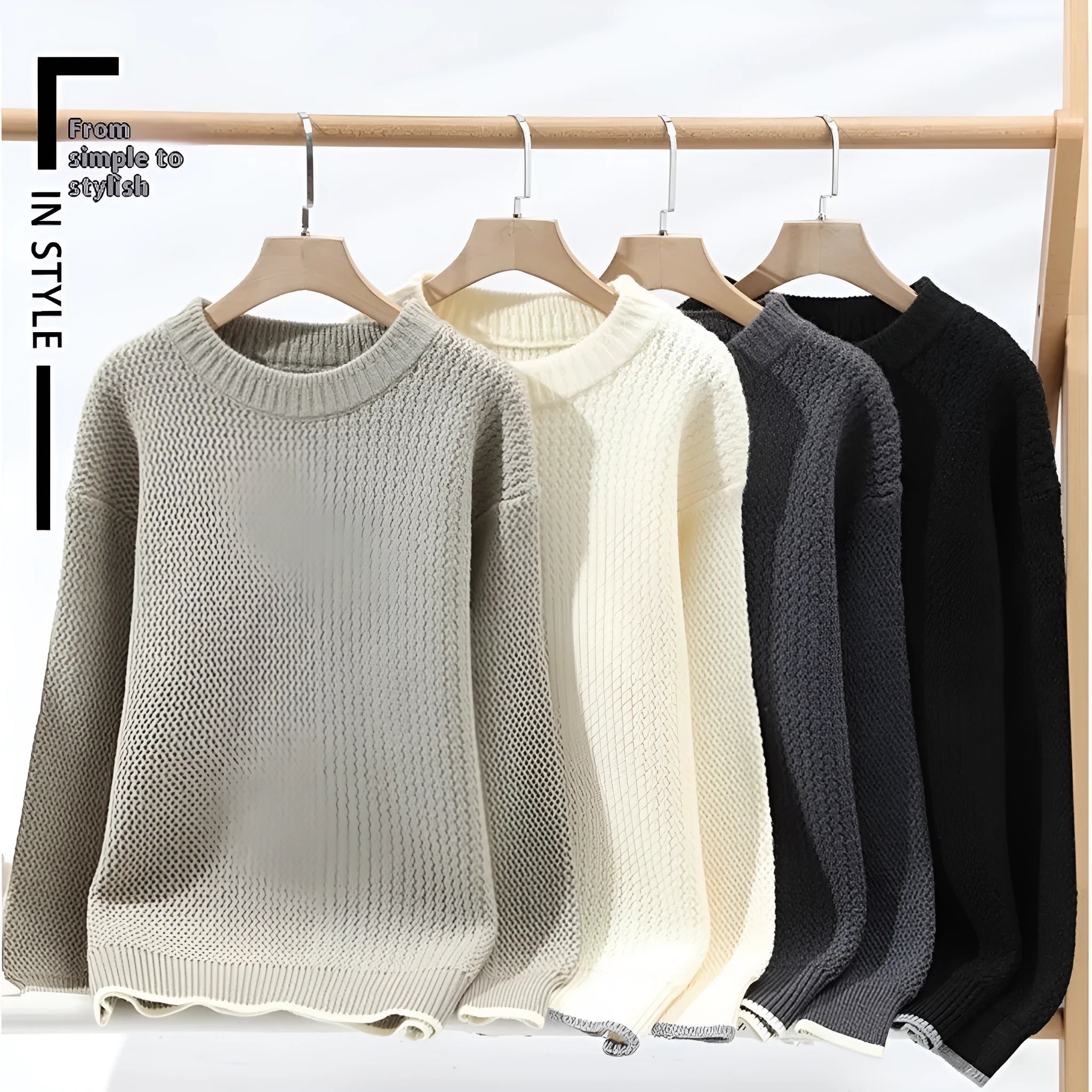A man's grey loose-fit round-neck long-sleeve casual pullover sweater on a plain background.