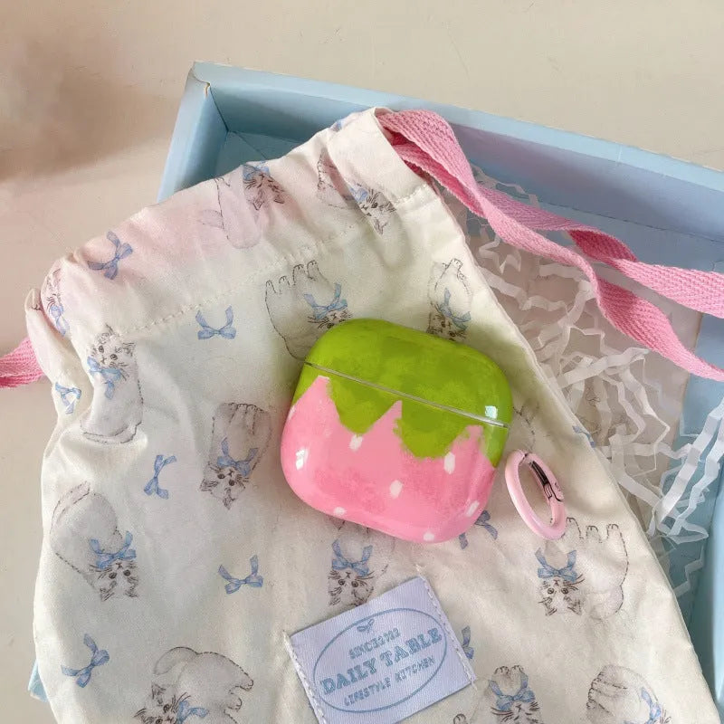 Strawberry belt pendant plastic earphone case cover for Apple AirPods with embossed texture