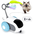 Blue smart cat toy car with feather teaser and remote control for interactive pet play