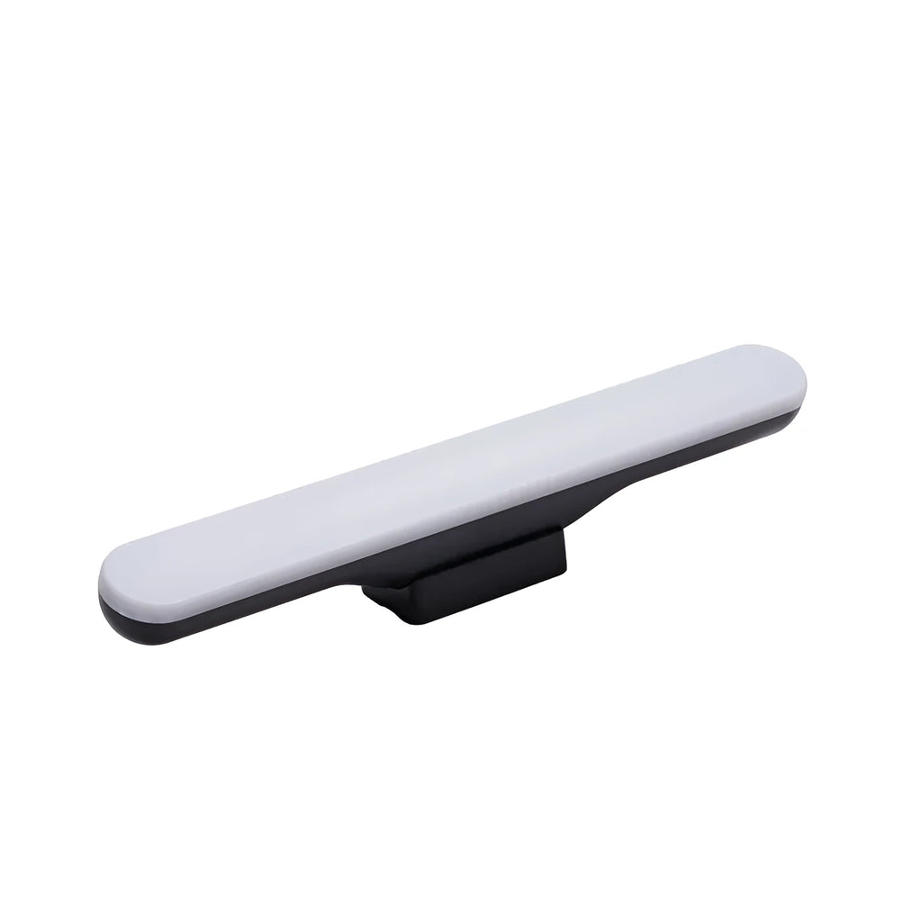 Modern plastic LED desk lamp with touch controls and built-in battery on wooden desk