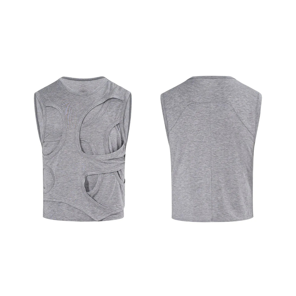 Men's solid colour lyocell vest tank top on a hanger, showing round neck collar.