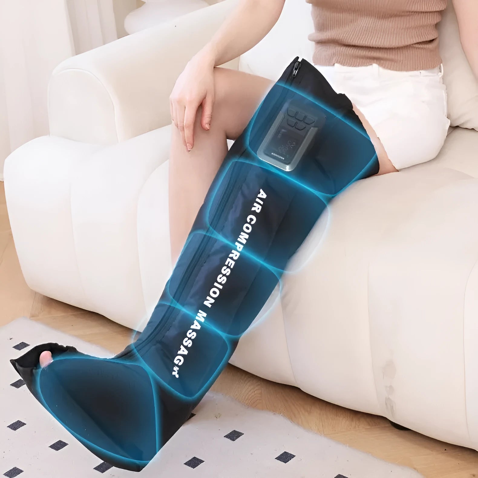 Electric leg massager with air wave compression cuffs in neutral colour showing control panel and leg wraps