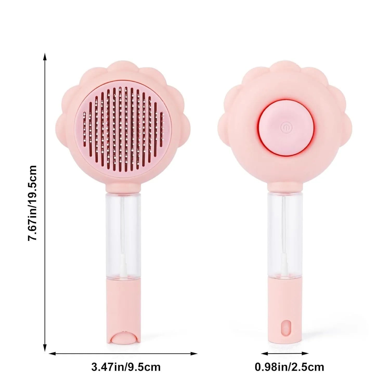 Grey pet grooming brush with self-cleaning button and water spray function on a white background