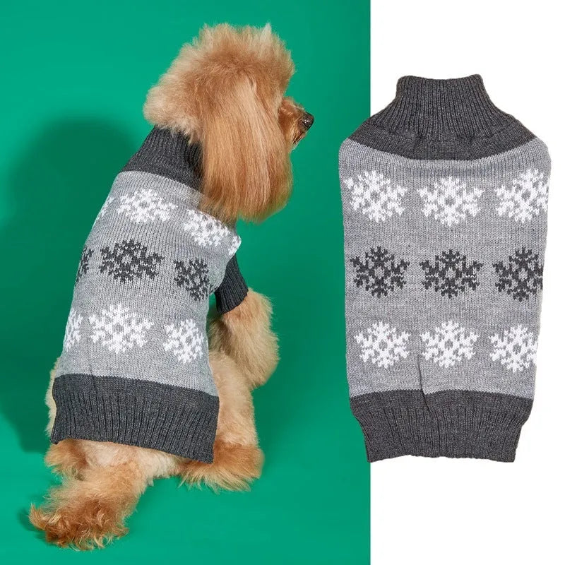 Grey snowflake pattern dog Christmas sweater shown on small dog for size reference