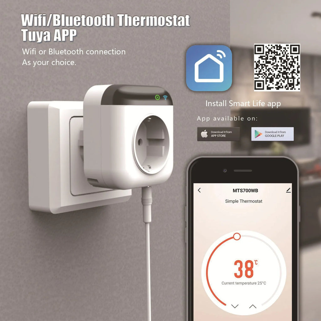 White Tuya WiFi smart socket with temperature sensor probe and US three-pin plug