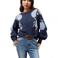Sapphire blue women's loose fit pullover with floral jacquard pattern and off-neck design