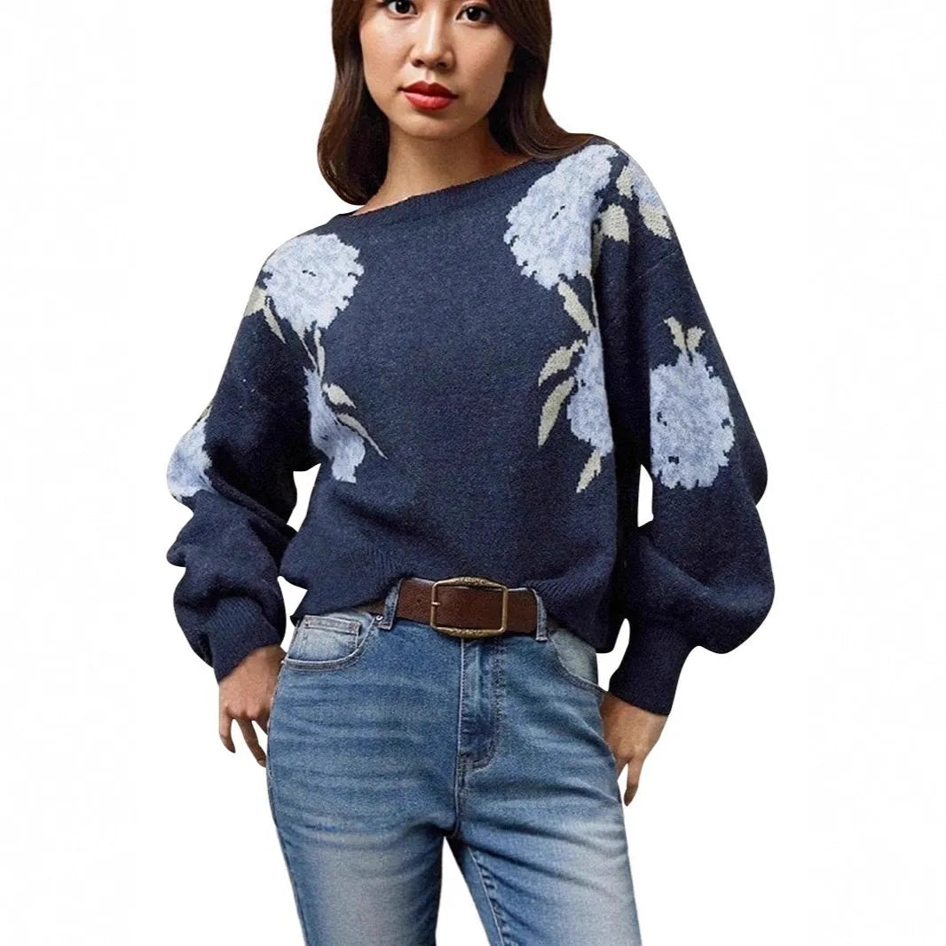 Sapphire blue women's loose fit pullover with floral jacquard pattern and off-neck design