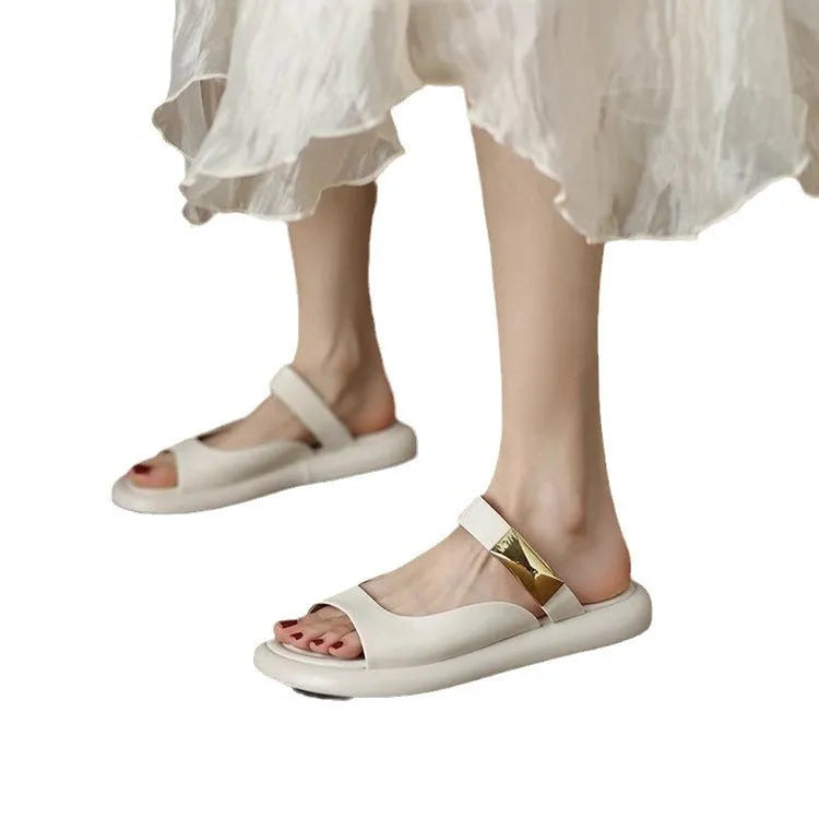 Apricot peep toe platform sandals with French leather upper and rubber sole