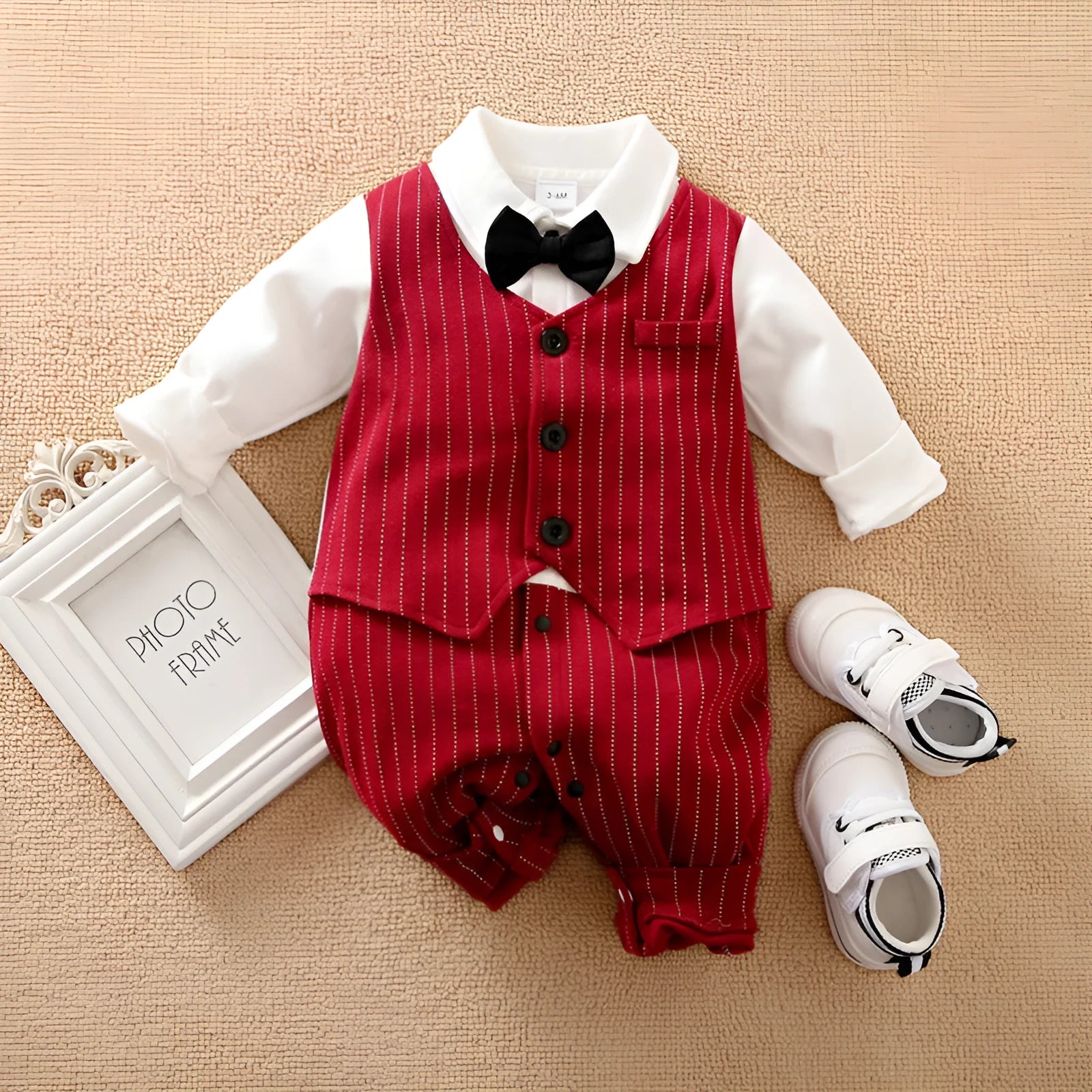 Wine red cotton romper for a baby boy in a gentleman style with long sleeves.