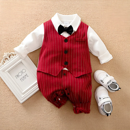 Wine red cotton romper for a baby boy in a gentleman style with long sleeves.