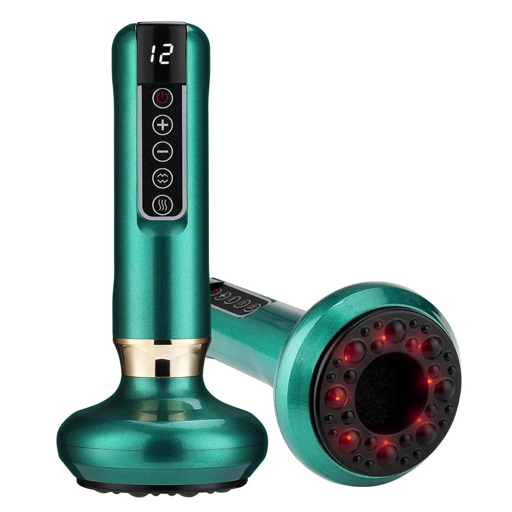 Green electric vacuum cupping massager with infrared heating and adjustable suction controls