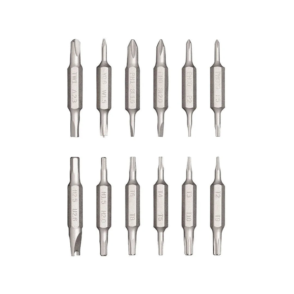 24-in-1 aluminium repair screwdriver set with magnetic bit storage, shown in green, red, and black colour options.