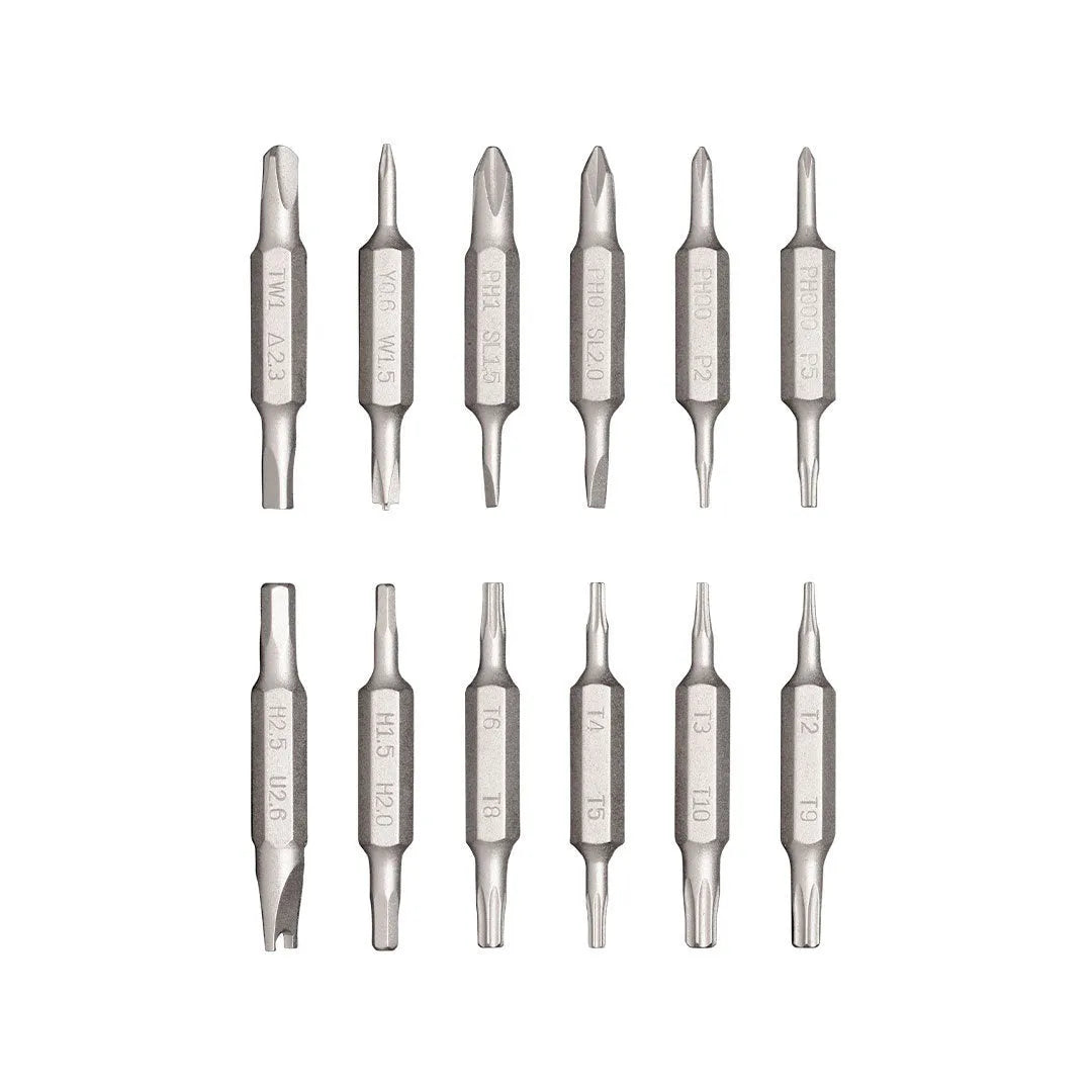 24-in-1 aluminium repair screwdriver set with magnetic bit storage, shown in green, red, and black colour options.