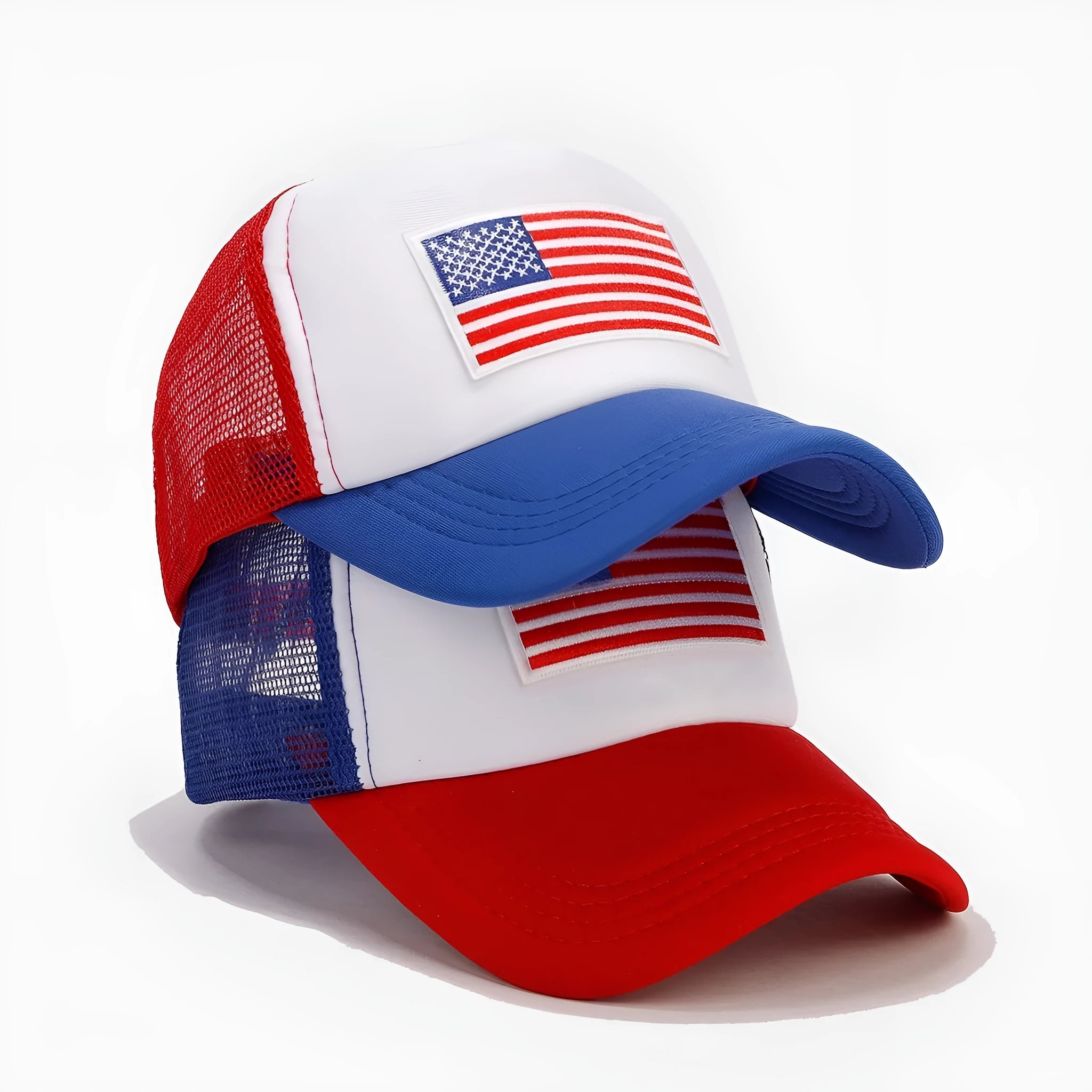 Red and blue contrast mesh adjustable baseball cap on a solid background