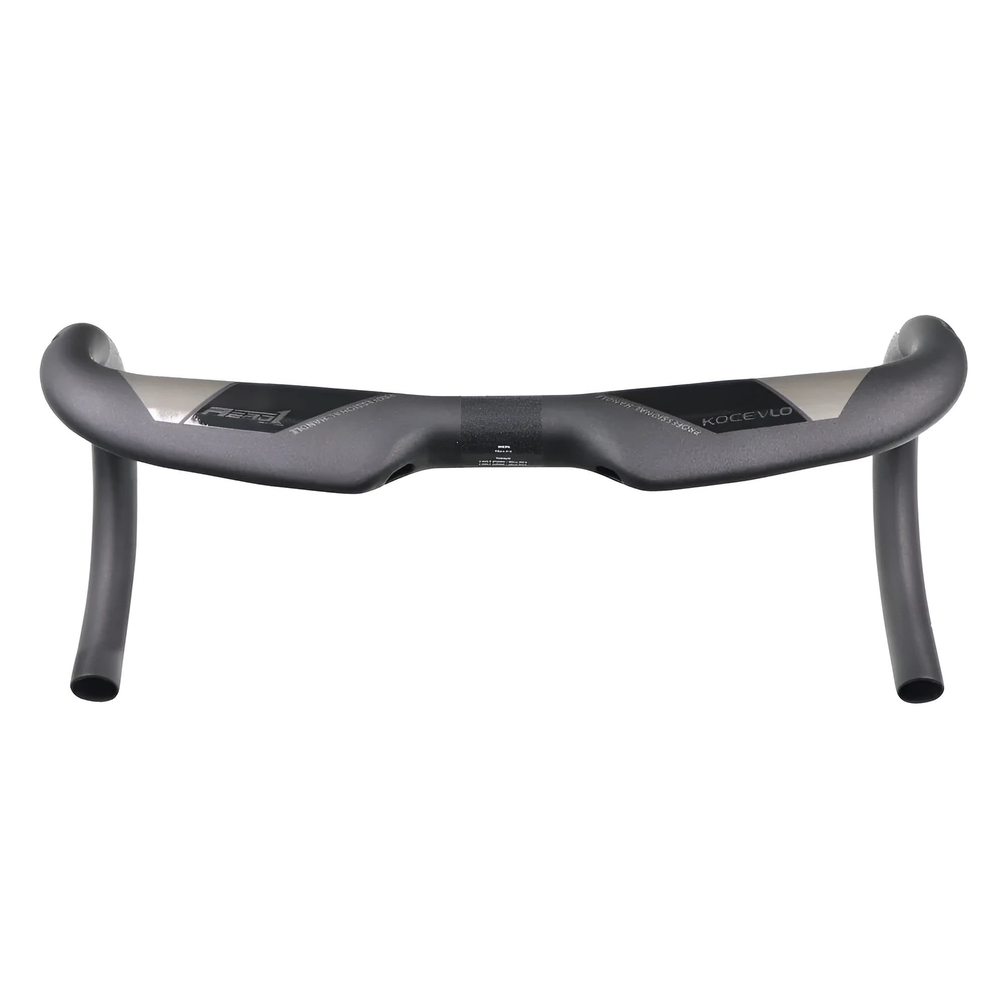 Matt black carbon fibre bent road bicycle handlebar shown from above.