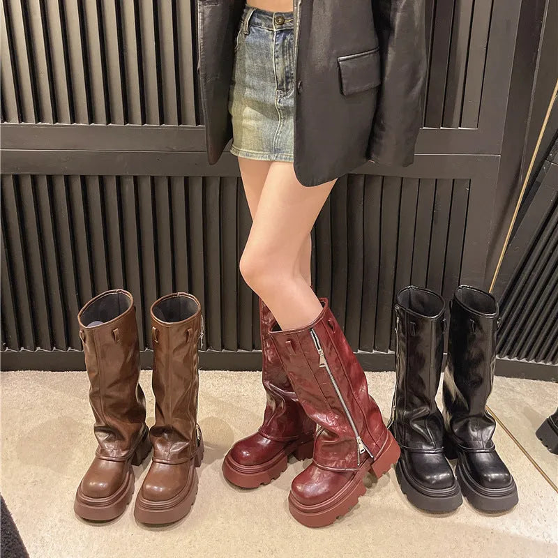 Platform Martin boots with high-cylinder sock length and square heel in three colour options