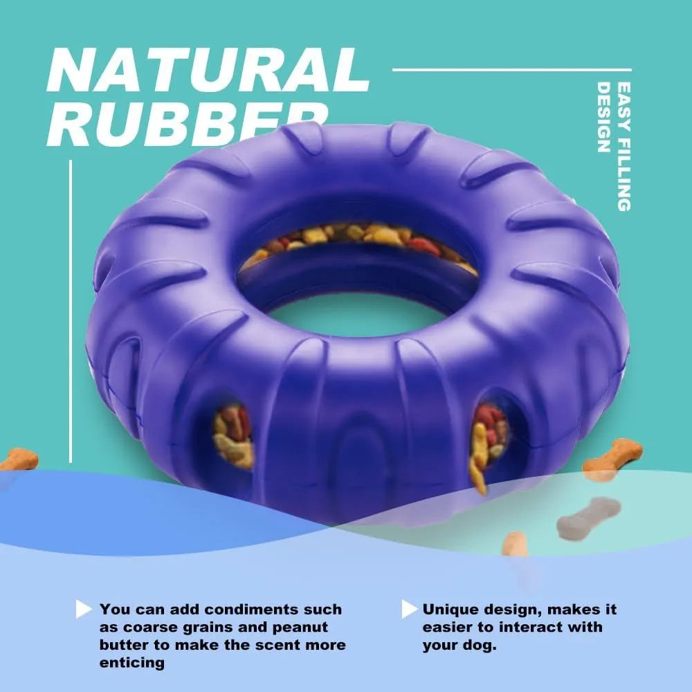 Blue beef-flavoured rubber tyre dog chew toy with oval openings for slow feeding.