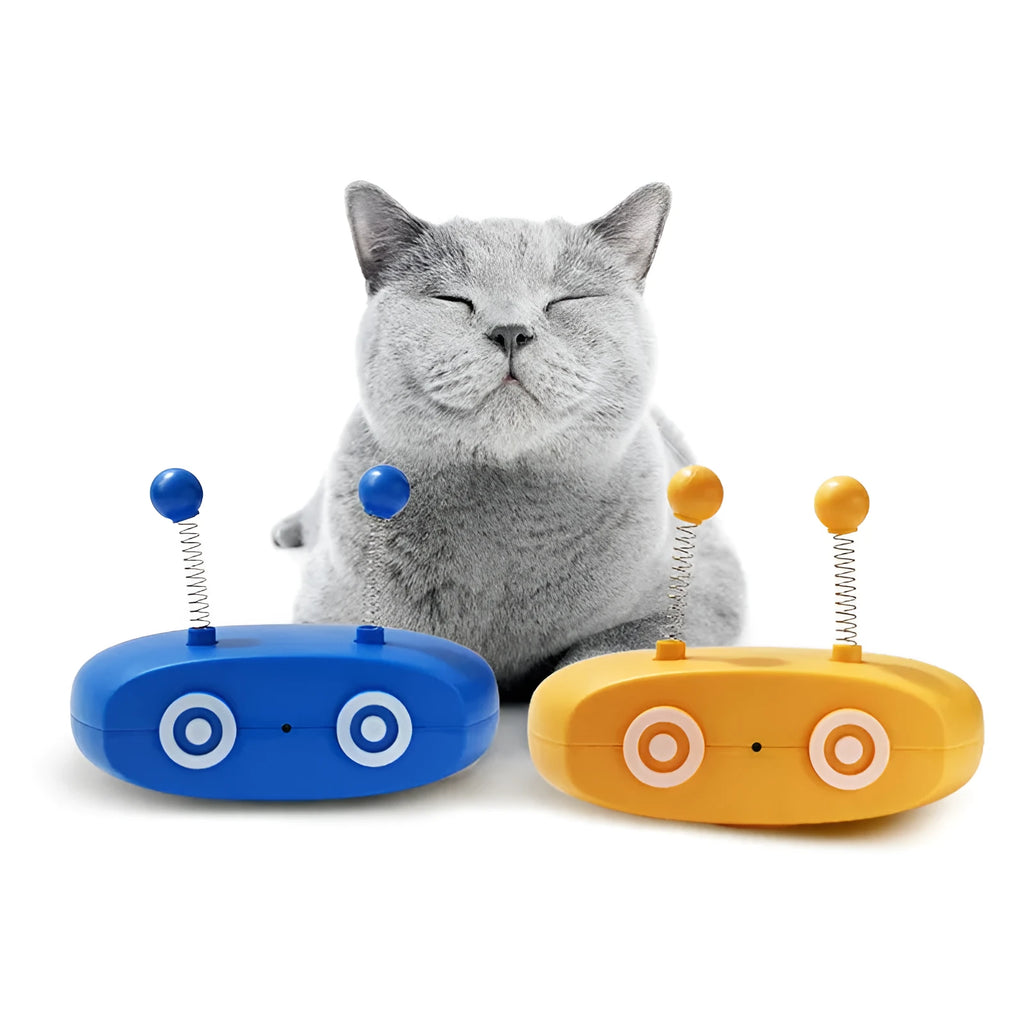 Electric robot cat toy with USB charging, feather stick, and laser in blue grey and yellow