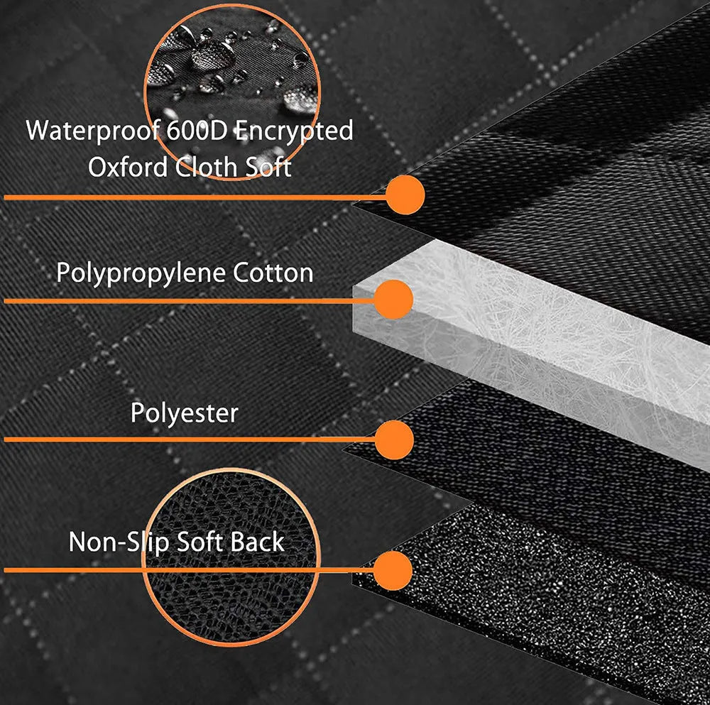Black and orange waterproof pet car seat hammock cover made from 600D Oxford cloth on rear car seats