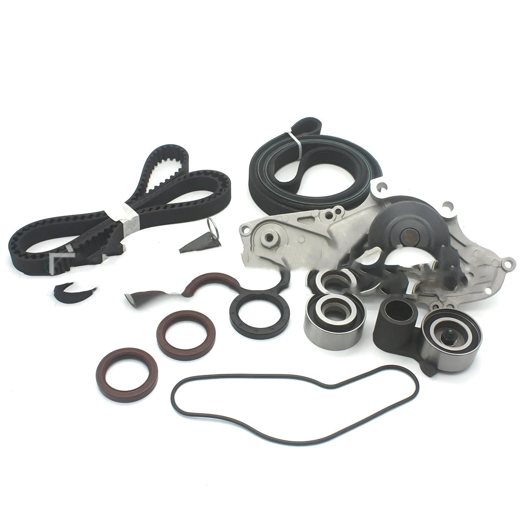 Metal belt and water pump assembly for automotive cooling systems measuring 28x18x16 cm