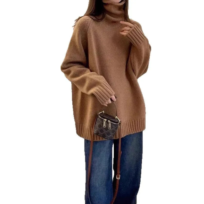 Women's loose turtleneck sweater with thick curling pile collar in red camel grey black colours