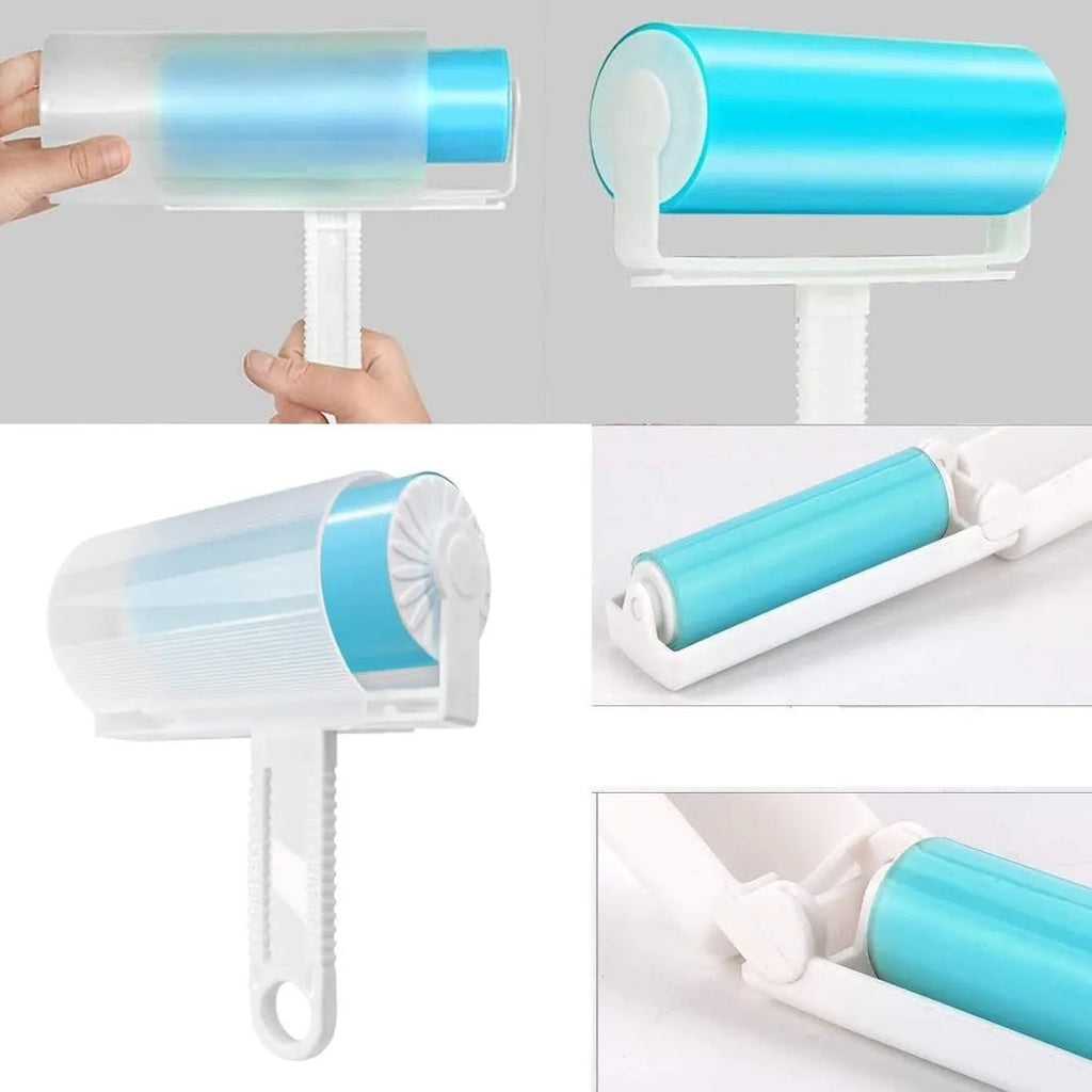 Blue washable reusable lint roller with protective cover for removing pet hair from fabrics