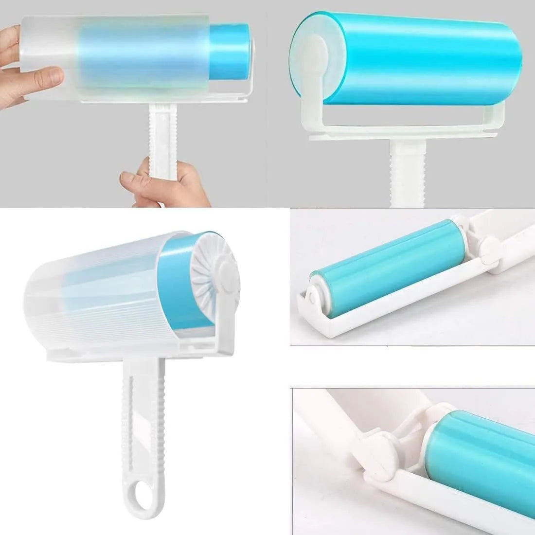 Blue washable reusable lint roller with protective cover for removing pet hair from fabrics