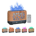 Square plastic humidifier with snowflake wood grain pattern emitting mist and 7-colour flame light effect