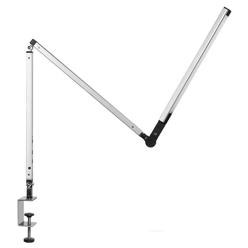 Aluminium clip-on desk lamp with a folding arm and remote control, shown in dazzling black finish.