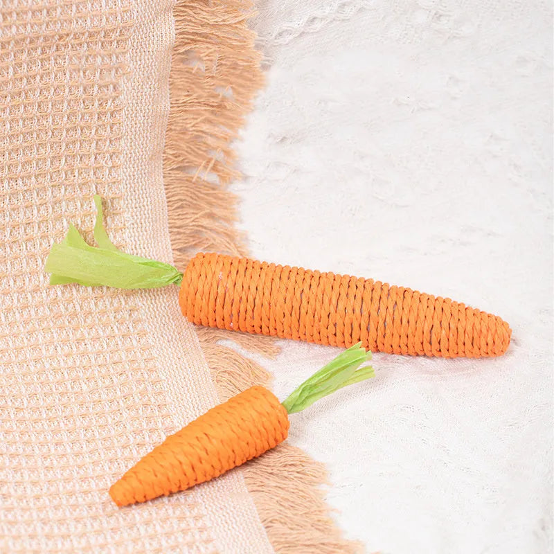 Cat toy collection with carrot bites, paper toys, ringing stones, sticks, and dental grinding sticks