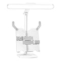 A white adjustable table lamp with a bookshelf design, shown on a desk, highlighting its dual-power and colour temperature features.
