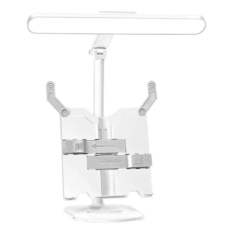 A white adjustable table lamp with a bookshelf design, shown on a desk, highlighting its dual-power and colour temperature features.