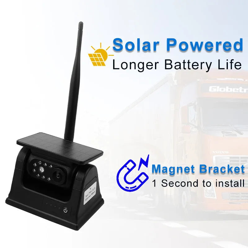 YL-Solar WF908 solar-powered wireless reversing camera with magnet mount on black aluminium alloy shell.