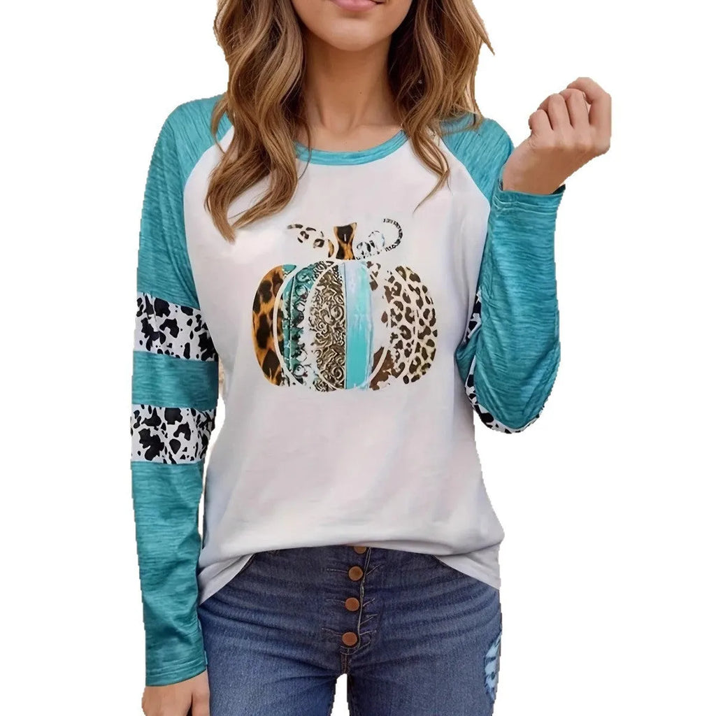 Sky blue Halloween T-shirt with 3D pumpkin digital printing and long sleeves