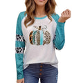 Sky blue Halloween T-shirt with 3D pumpkin digital printing and long sleeves