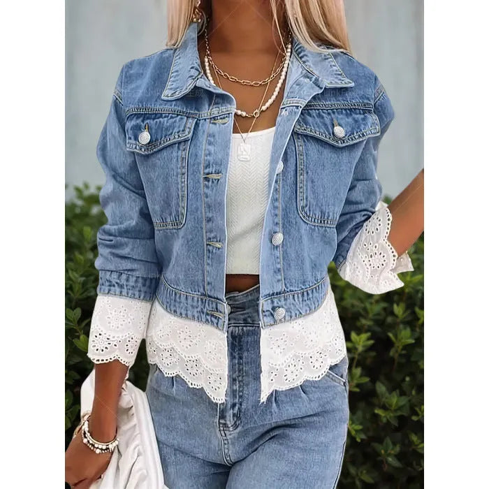Blue denim jacket with lace stitching detail, long sleeves, women's style