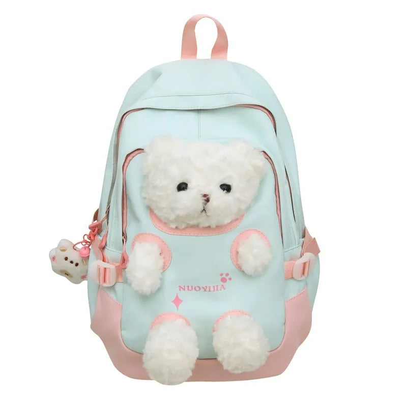 Nylon school backpack in macaron colour with curved shoulder strap and pendant, 20-35L capacity