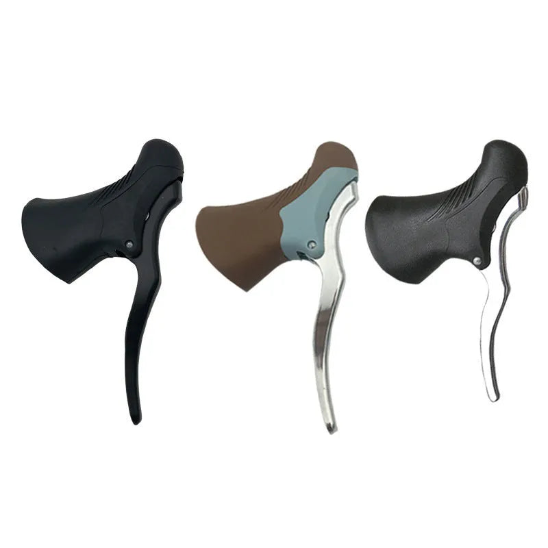 A pair of aluminium alloy road bicycle brake handles in black and silver finish.
