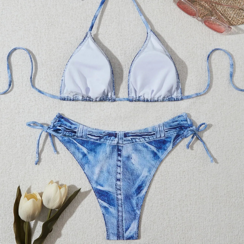 Women's denim printed bikini set with strap design in denim blue colour