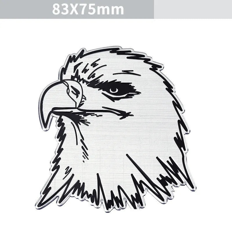 Aluminium car body stickers showing round lion, eagle, wolf head and tiger emblem designs for vehicle exterior decoration