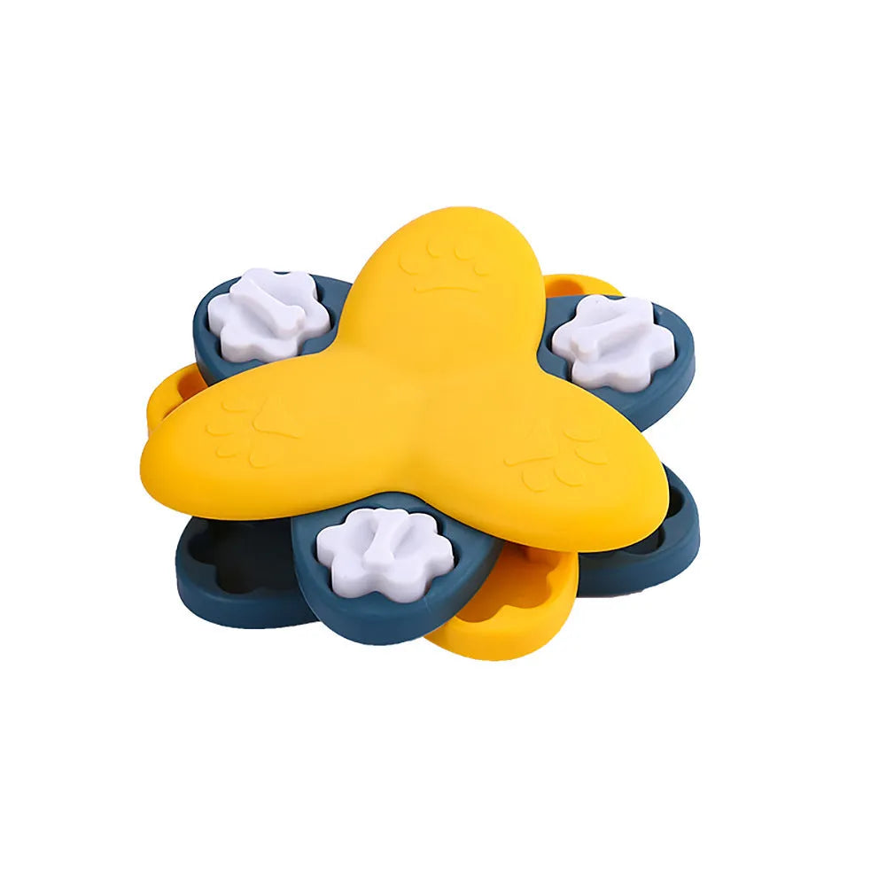 Green dog puzzle toy with bone-shaped lids and non-slip base for treat dispensing