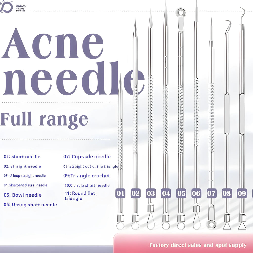 Four metal acne needles with ultra-fine pointed tips laid out in a set.