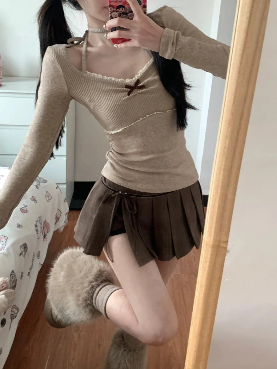 Halter lace V-neck slim fit sweater for ladies in milk tea colour, spring top with regular thickness