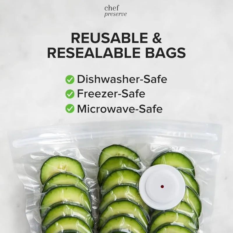 White USB electric suction pump with five 26x28cm plastic vacuum storage bags for food preservation