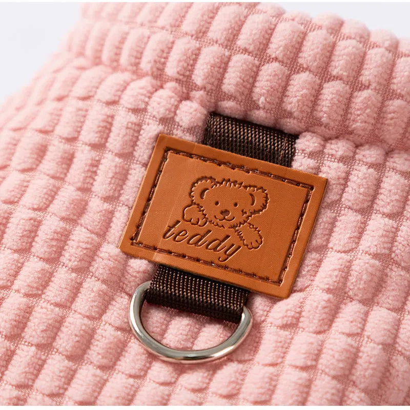 Pink checked corduroy dog vest with metal leash ring and bear tag for small medium dogs