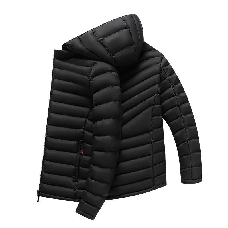 Men's lightweight down padded jacket in army green with a detachable hood and zipper pockets.