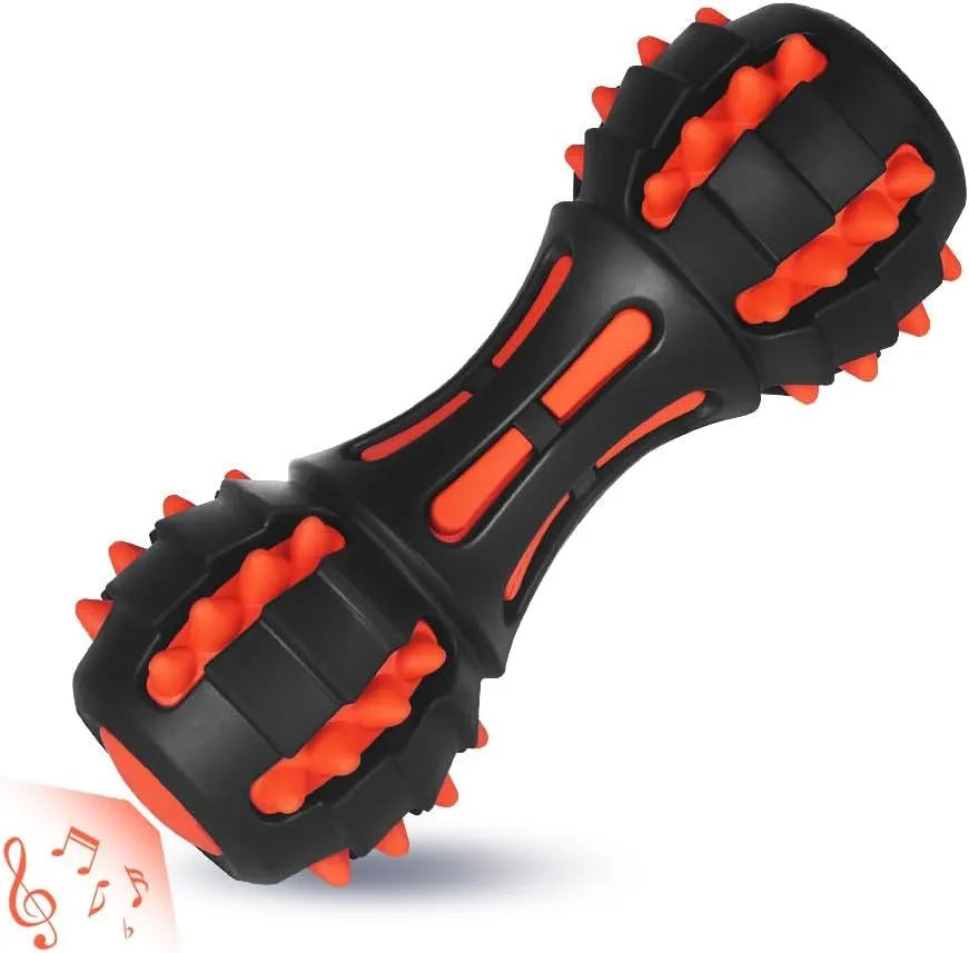 Red dumbbell-shaped dog chew toy for medium to large breed aggressive chewers